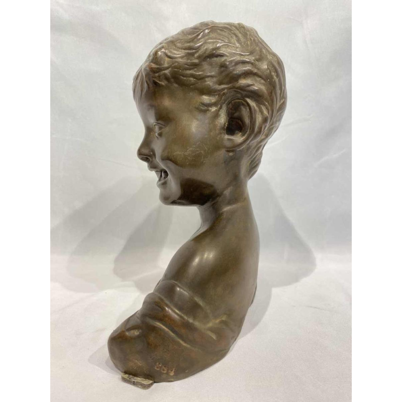 Laughing boy sculpture, bronze-look terracotta, after Desiderio Da Settignano