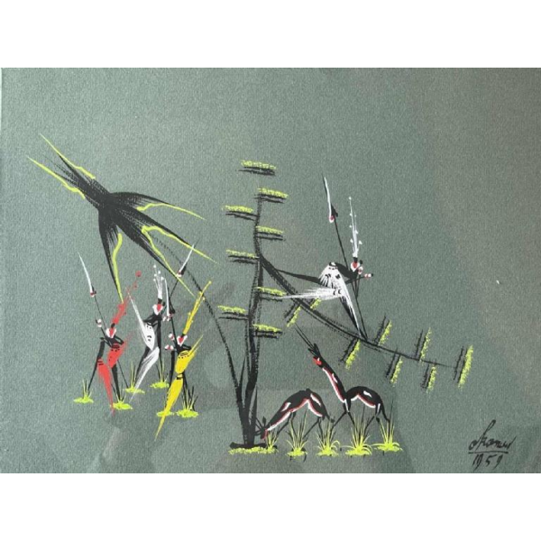 Gouache stylisée de l'école africaine datée 1959. Porte une signature .