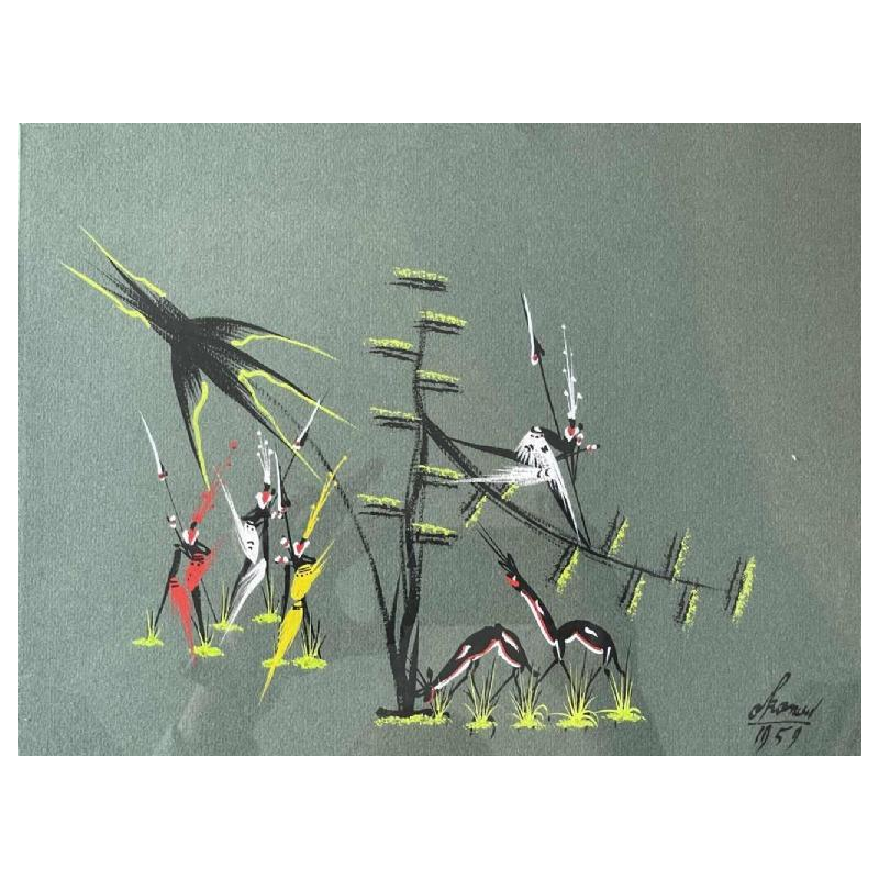 Gouache stylisée de l'école africaine datée 1959. Porte une signature .