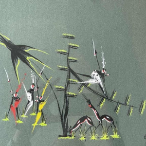 Gouache stylisée de lécole africaine vers 1960.