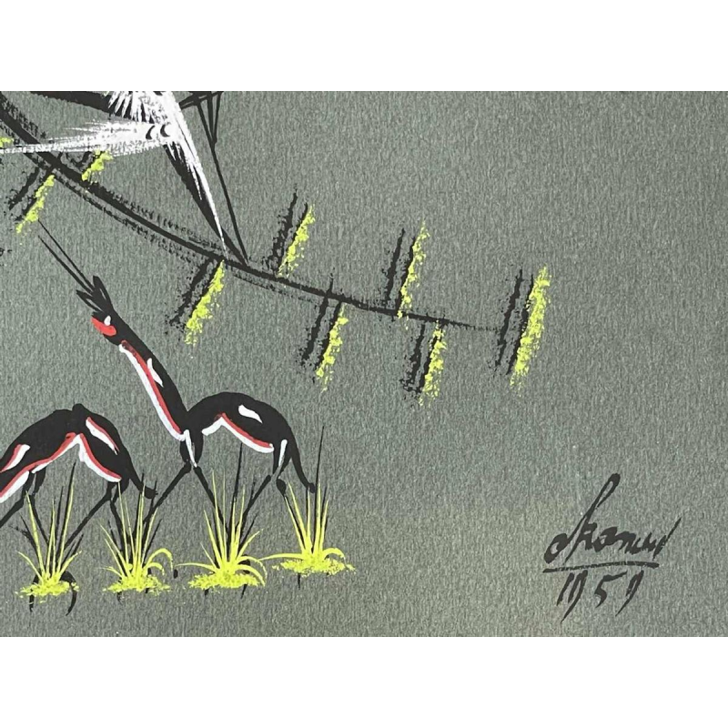 Gouache stylisée de l'école africaine datée 1959. Porte une signature .