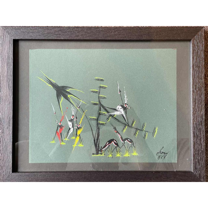 Gouache stylisée de l'école africaine datée 1959. Porte une signature .