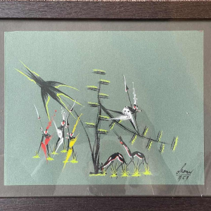 Gouache stylisée de lécole africaine vers 1960.