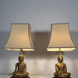 Paar vergulde gietijzeren boeddha lampen - Zuidoost-Azië - 20e eeuw