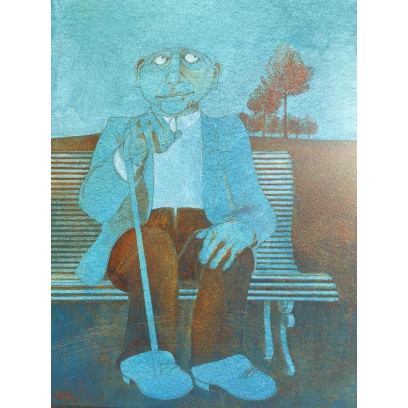 Jean-Pierre FELIX (1938-) « Lhomme sur un banc 1973 » technique mixte