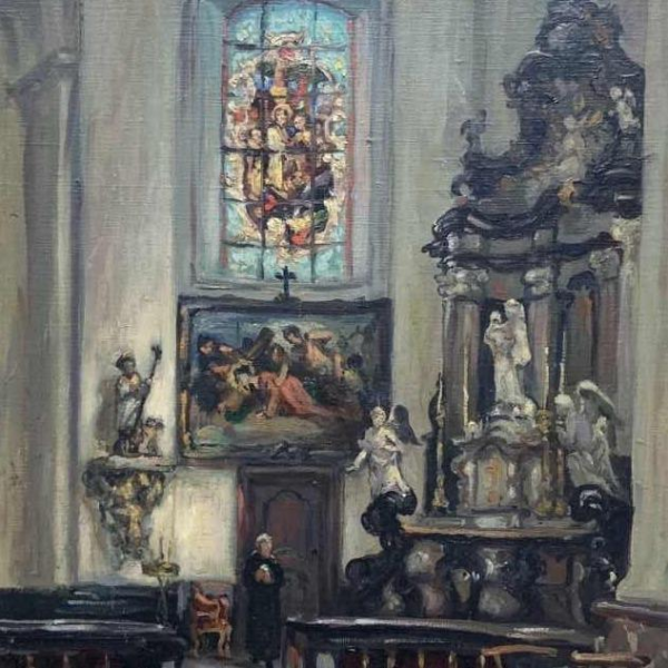Albert DANDOY "Kerk van Onze-Lieve-Vrouw - Namen - 1945" olieverf op doek