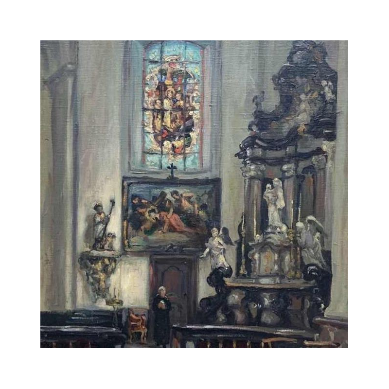 Albert DANDOY "Eglise Notre-Dame - Namur- 1945" huile sur toile