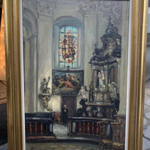 Albert DANDOY "Eglise Notre-Dame - Namur- 1945" huile sur toile