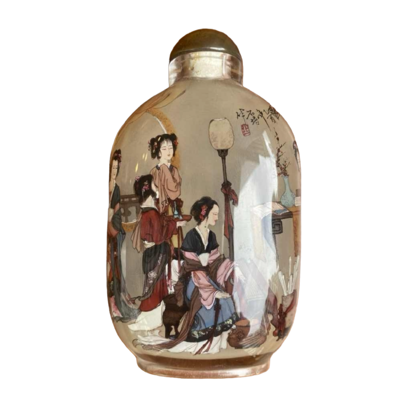 Tabatière / bouteille à priser Chinoise en verre scène de femmes, peinte par l'Intérieur