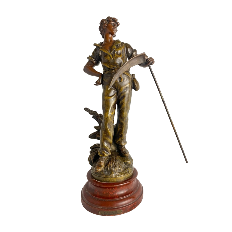 Auguste Moreau Farmer with a scythe sculpture in regula with green patina, ca 1900