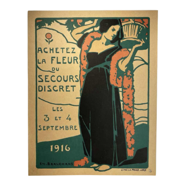 Émile Berchmans pour La Meuse “Achetez la fleur du secours discret“ affiche lithographie Art Nouveau, 1916