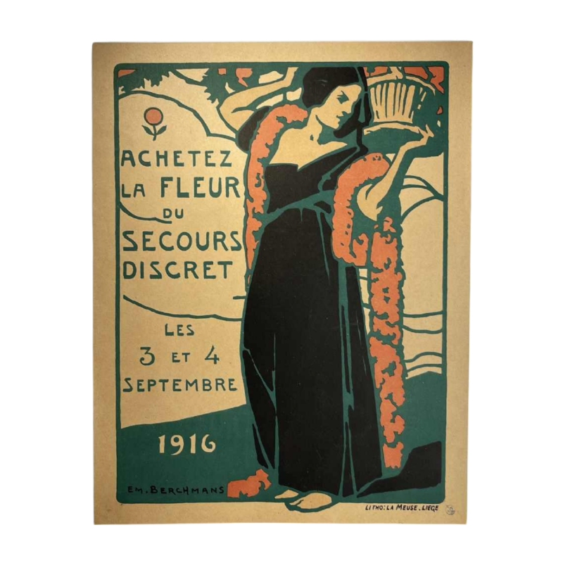 Émile Berchmans pour La Meuse “Achetez la fleur du secours discret“ affiche lithographie Art Nouveau, 1916