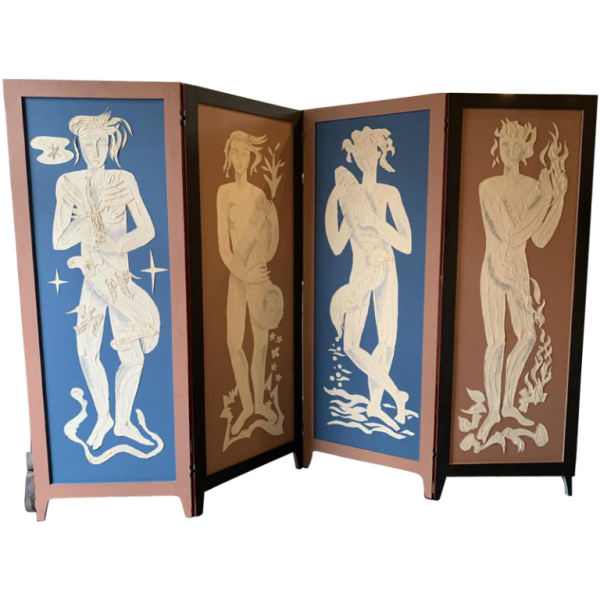 Paravent / Claustra " 4 Saisons / 4 Eléments " Peinture Figurative Expressionniste 1940s