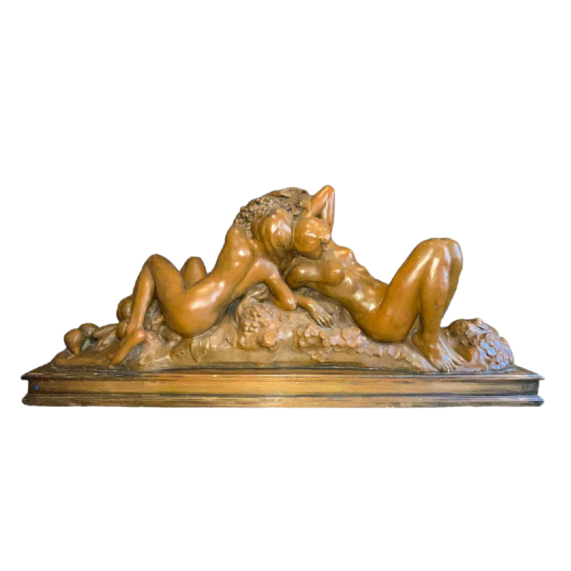JEF LAMBEAU (attr) 'Bacchantes' sculpture 127cm, femmes nues & fruits, ca 1900