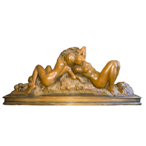 JEF LAMBEAU (attr) 'Bacchantes' sculpture 127cm, nude women & fruit, ca 1900