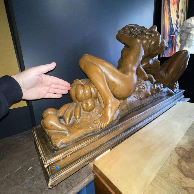 JEF LAMBEAU (attr) 'Bacchantes' sculpture 127cm, femmes nues & fruits, ca 1900