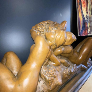 JEF LAMBEAU (attr) 'Bacchantes' sculpture 127cm, femmes nues & fruits, ca 1900