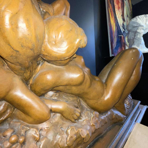 JEF LAMBEAU (atr) 'Bacchanten' sculptuur 127cm, naakte vrouwen & fruit, ca 1900