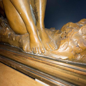 JEF LAMBEAU (attr) 'Bacchantes' sculpture 127cm, femmes nues & fruits, ca 1900