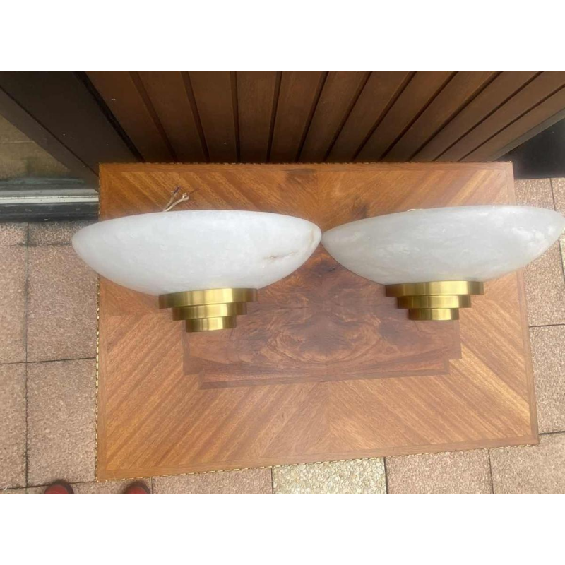 Lucien Gau, pair of sconces, alabaster half-moon shade, ca 1960