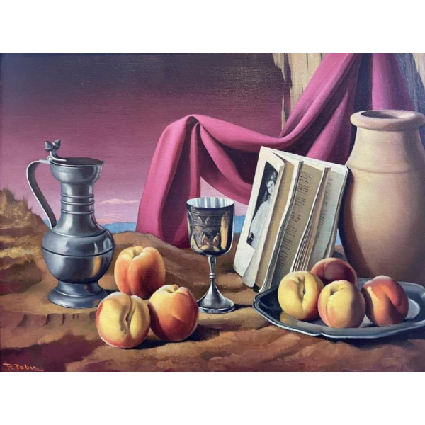 René TOBIE (1920-): « Quelques pêches et pot d'étain »