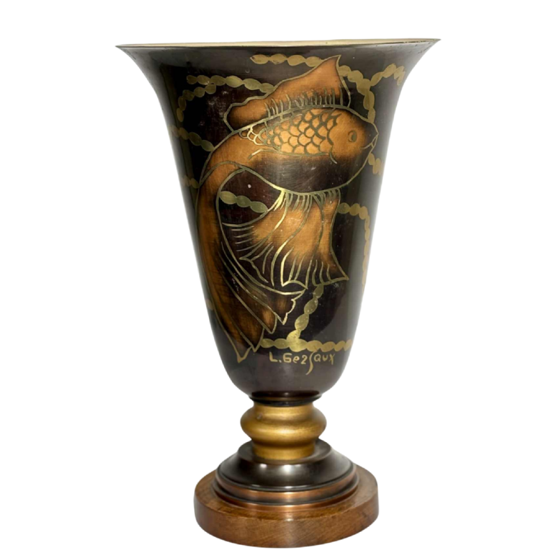 Lucien GERFAUX, luminous bowl – dinanderie lamp with stylized Art Deco fish motifs, 20th century