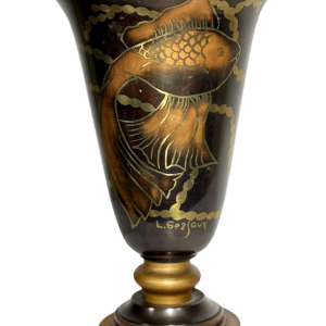Lucien GERFAUX, luminous bowl – dinanderie lamp with stylized Art Deco fish motifs, 20th century