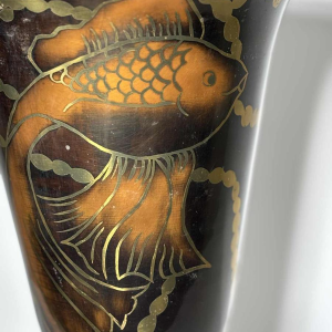 Lucien GERFAUX, luminous bowl – dinanderie lamp with stylized Art Deco fish motifs, 20th century