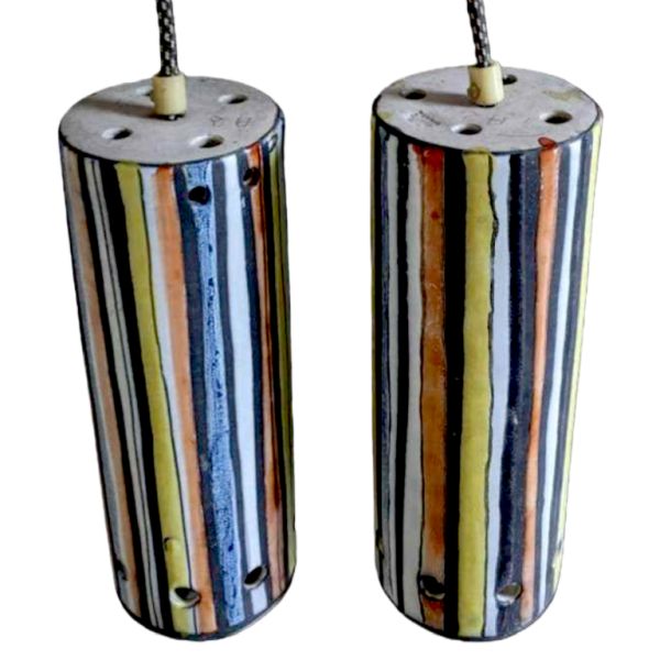 Roger Capron Vallauris ‘Pyjama’ rare pair of cylindrical pendant lights, glazed ceramic, ca 1950