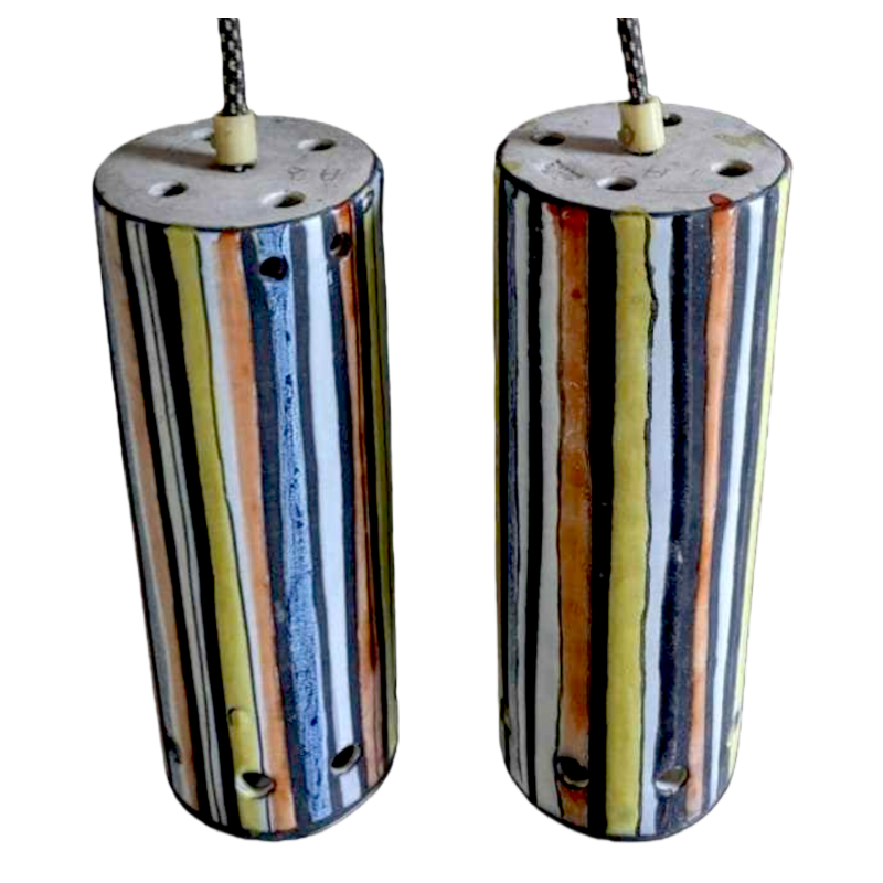 Roger Capron Vallauris ‘Pyjama’ rare pair of cylindrical pendant lights, glazed ceramic, ca 1950