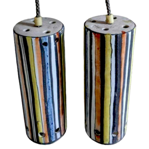 Roger Capron à Vallauris 'Pyjama' rare paire de luminaires suspensions cylindriques, céramique émaillée, ca 1950