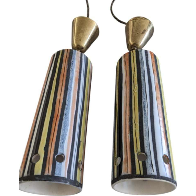 Roger Capron à Vallauris 'Pyjama' rare paire de luminaires suspensions cylindriques, céramique émaillée, ca 1950