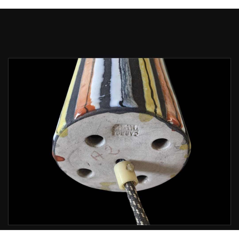 Roger Capron Vallauris ‘Pyjama’ rare pair of cylindrical pendant lights, glazed ceramic, ca 1950