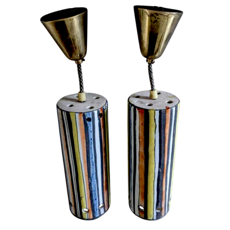 Roger Capron à Vallauris 'Pyjama' rare paire de luminaires suspensions cylindriques, céramique émaillée, ca 1950