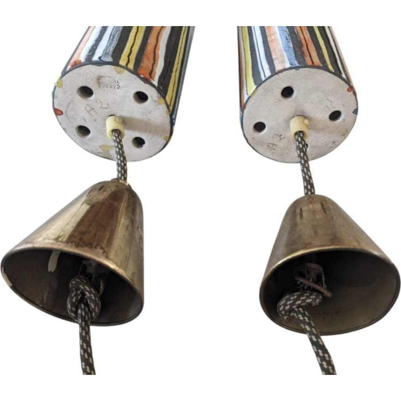 Roger Capron Vallauris ‘Pyjama’ rare pair of cylindrical pendant lights, glazed ceramic, ca 1950