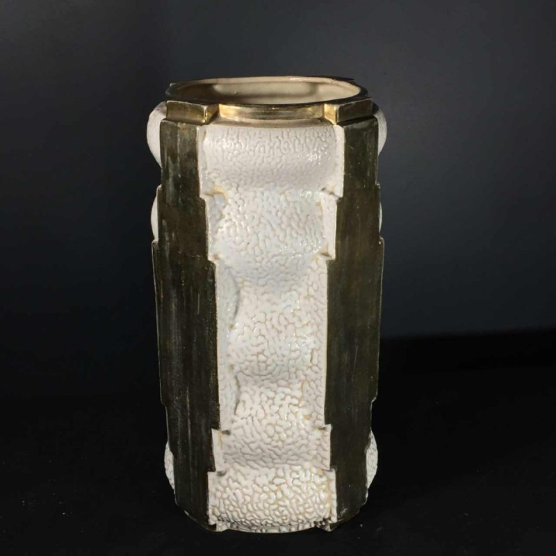 Vase moderniste Art Déco, céramique perlée et dorée "Made in Belgium" 553