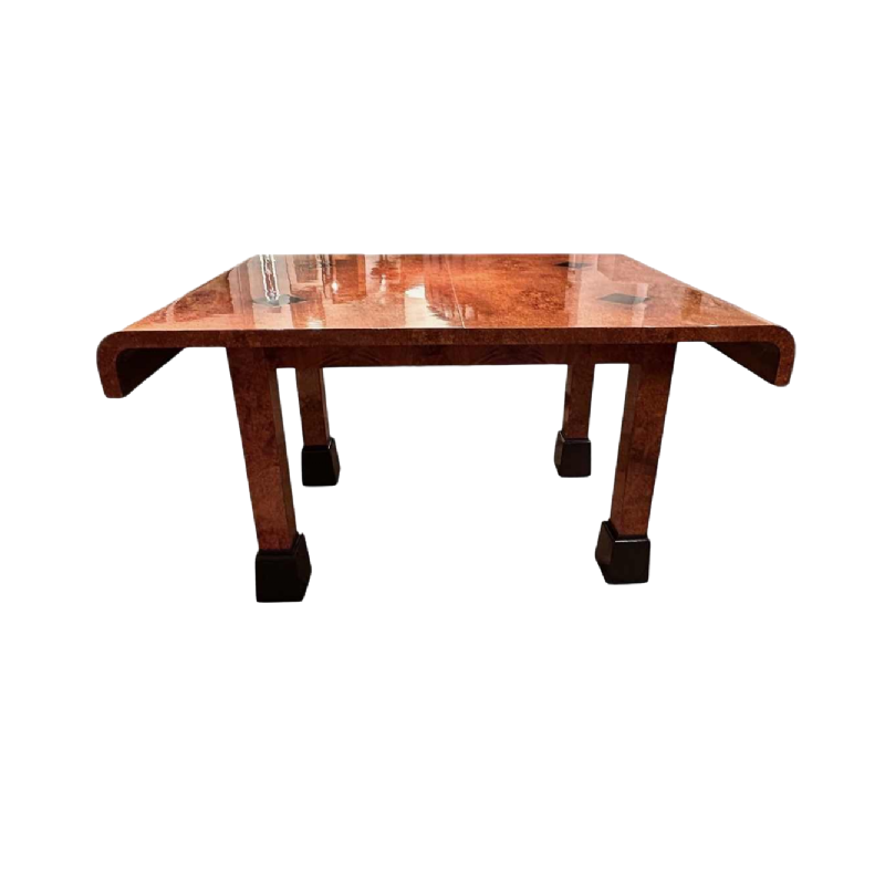 Table à dîner ou bureau dépoque et de style Art Déco, loupe d'amboine et laque noire, Belgique ca 1920