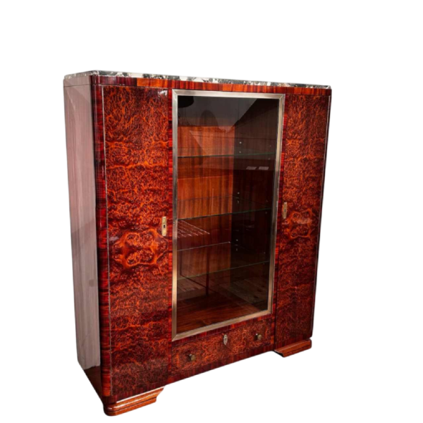 Meuble vitrine ou bibliothèque Art Déco, loupe d'amboine et marbre, France ca 1920