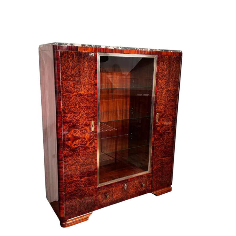 Meuble vitrine ou bibliothèque Art Déco, loupe d'amboine et marbre, France ca 1920