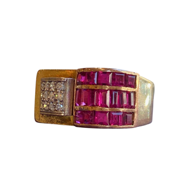 Tankring met brug in roségoud, diamanten en Verneuil-robijnen, Frans vakmanschap, ca 1940