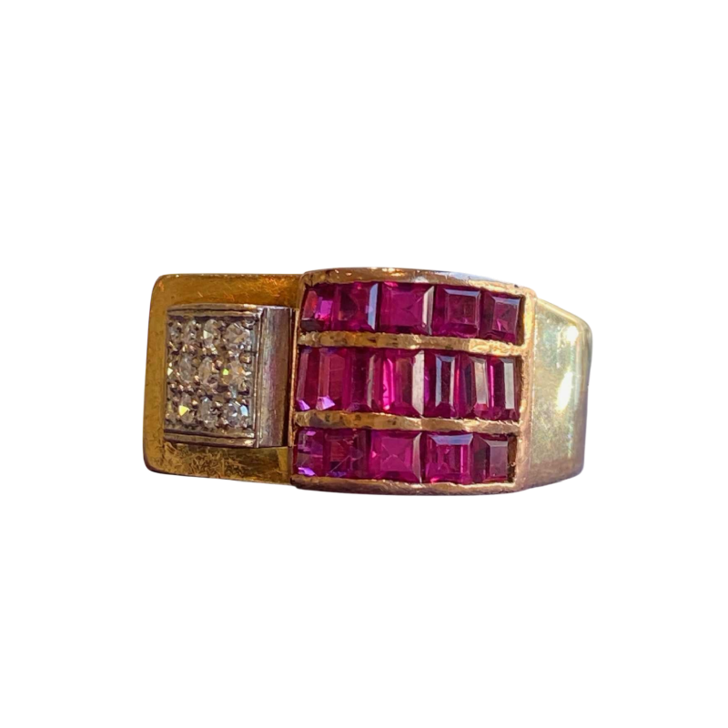 Tankring met brug in roségoud, diamanten en Verneuil-robijnen, Frans vakmanschap, ca 1940