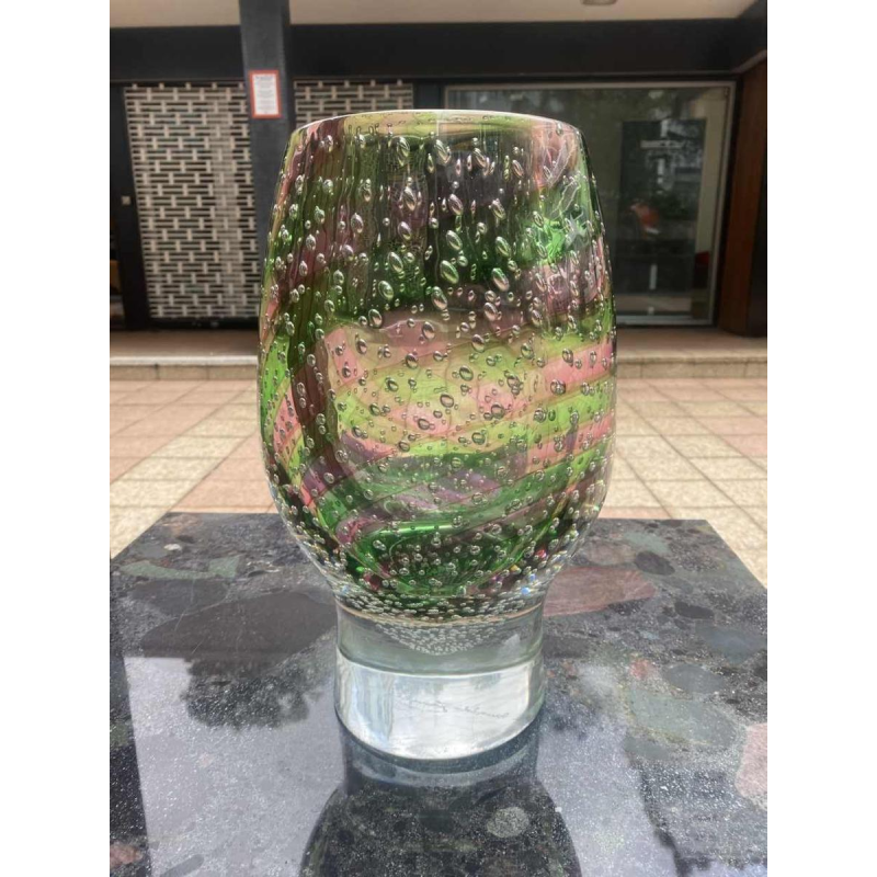 Arnaldo Zanella Murano, vase en verre bullé en spirale rose et vert, ca 1960