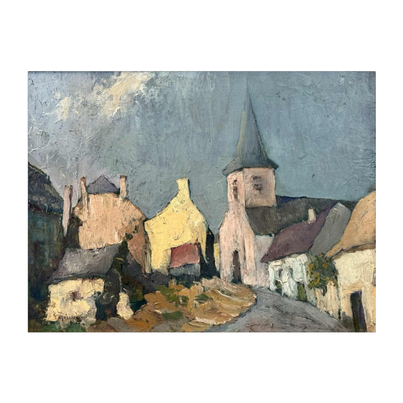 Yvonne TELLIER « Village de l’Ardenne. Vresse ? » peinture à l’huile sur panneau