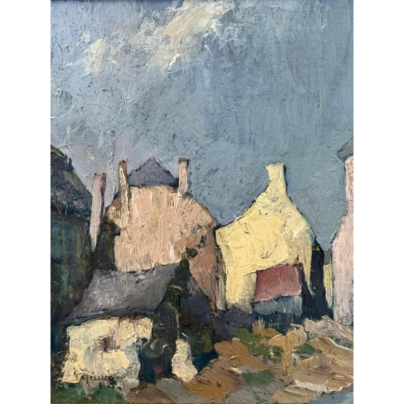 Yvonne TELLIER «Dorp van de Ardennen. Vresse ? » schilderij olie op panel