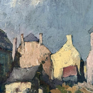 Yvonne TELLIER « Village de l’Ardenne. Vresse ? » peinture à l’huile sur panneau