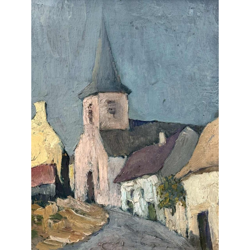 Yvonne TELLIER «Dorp van de Ardennen. Vresse ? » schilderij olie op panel
