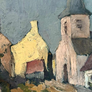 Yvonne TELLIER « Village de l’Ardenne. Vresse ? » peinture à l’huile sur panneau