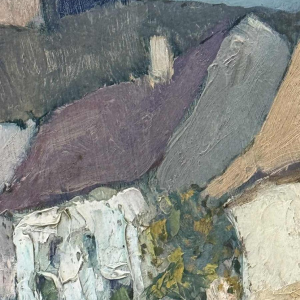 Yvonne TELLIER « Village de l’Ardenne. Vresse ? » peinture à l’huile sur panneau