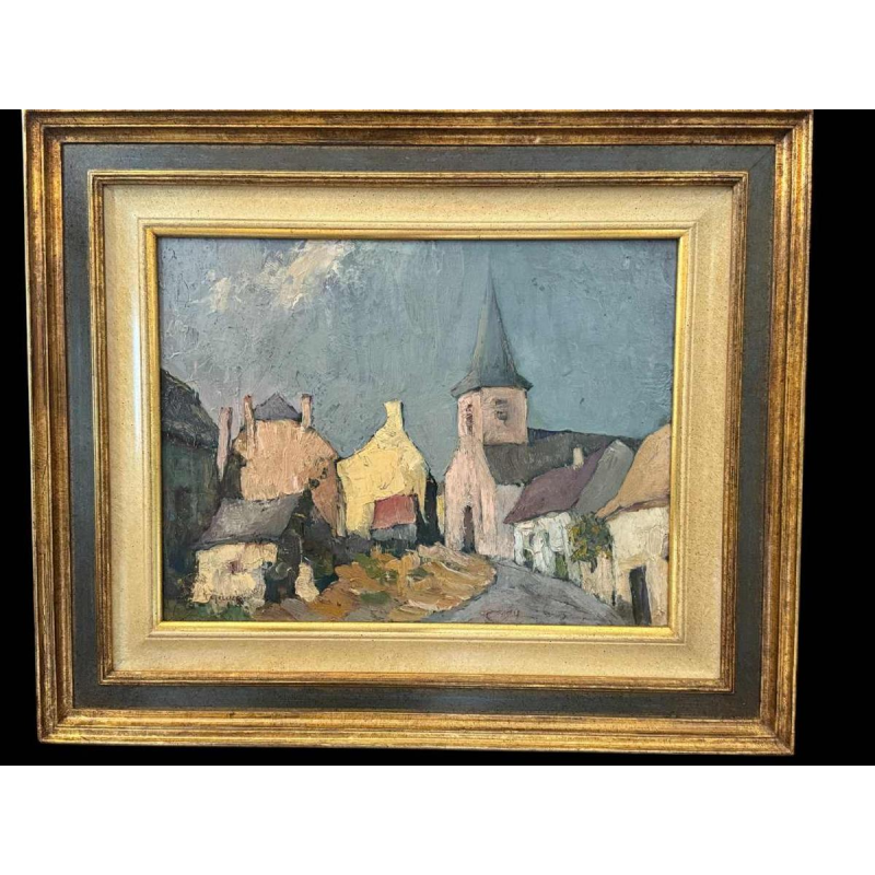 Yvonne TELLIER « Village of the Ardennes. Vresse ? » painting oil on pannel