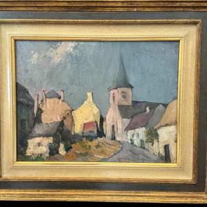 Yvonne TELLIER « Village of the Ardennes. Vresse ? » painting oil on pannel